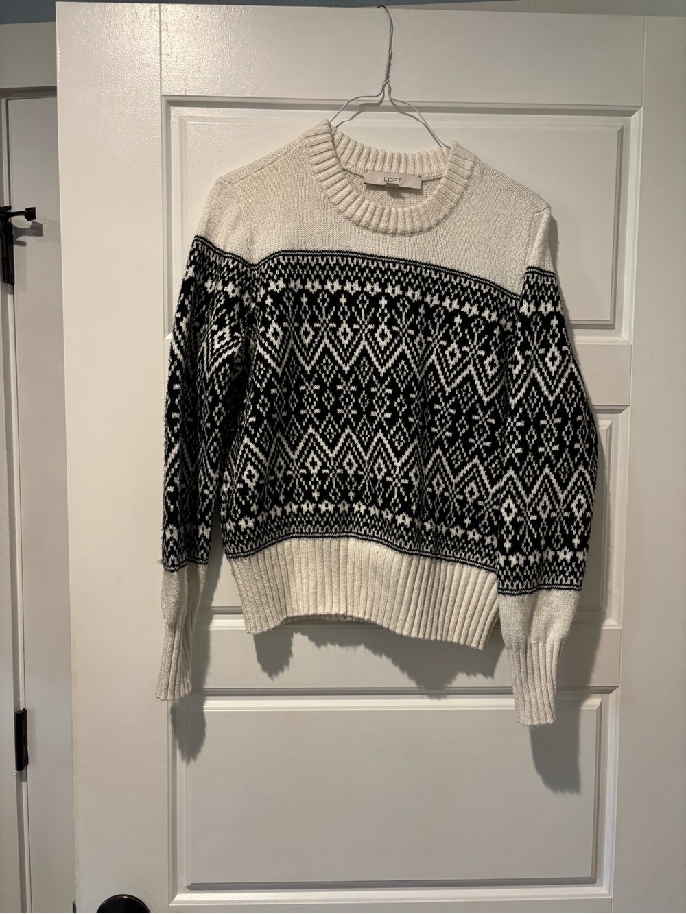 LOFT Cream and Black Fair Isle Crewneck Sweater